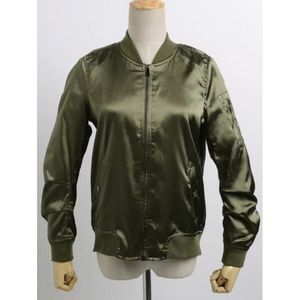 Stand Neck Satin Thin Bomber Jacket - Army Green